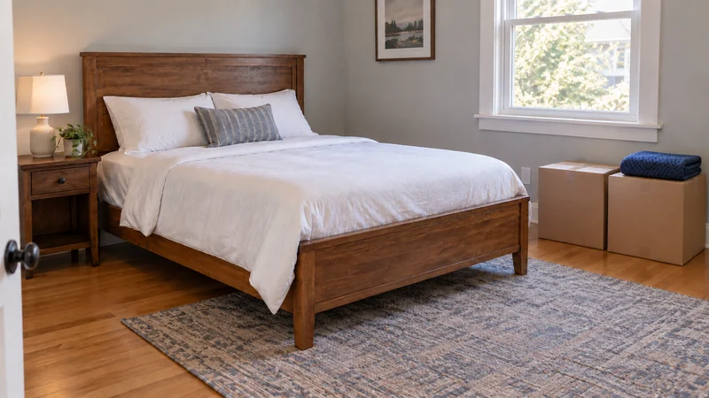 A finished receiving bedroom with reassembled unwrapped furniture and removed protection A finished receiving bedroom with reassembled unwrapped furniture and removed protection