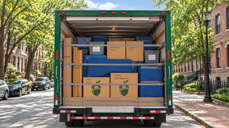 A substantial direct shipment combines protected furniture, identified cartons and secured side materials. A substantial mixed household shipment secured inside a green moving truck