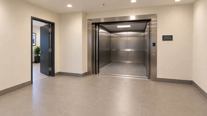 Review the service-elevator approach, threshold and usable opening before agreeing the carrying plan. A usable managed-building entrance and service-elevator approach