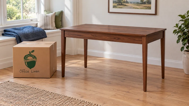 Confirm the unwrapped desk position and keep the labelled carton and receiving route accessible. An unwrapped writing desk positioned in an ordinary receiving room