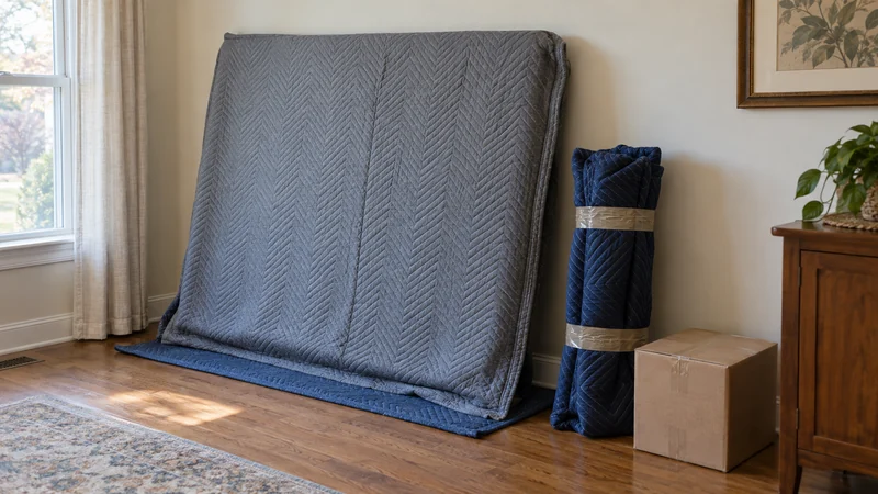 A protected tabletop with a wrapped bundle of detached legs before transport