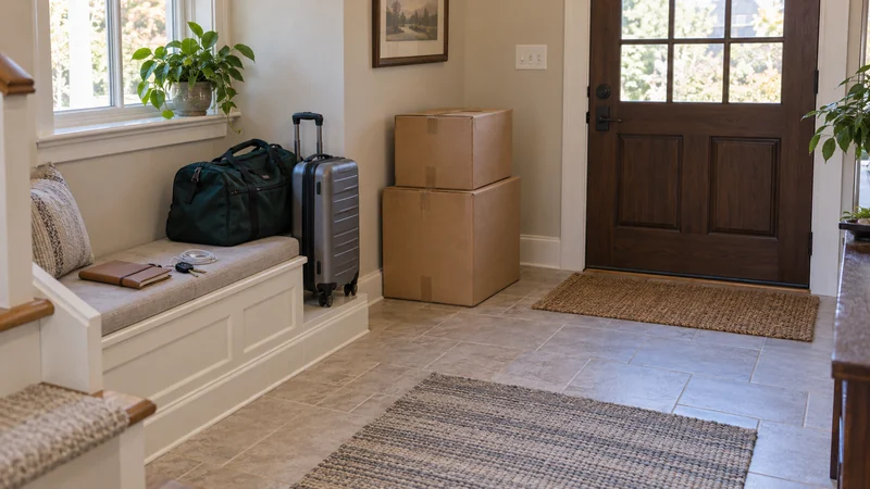 Travel bags and a closed folio kept separate from shipment cartons