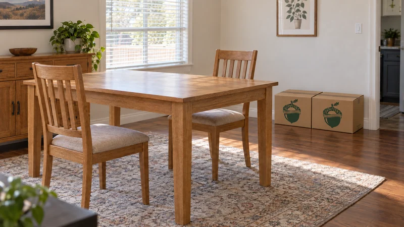 A fully unwrapped dining table after reassembly at a hypothetical receiving home