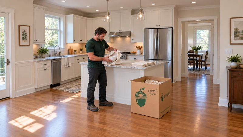 A mover protecting a bowl with paper beside an open China carton