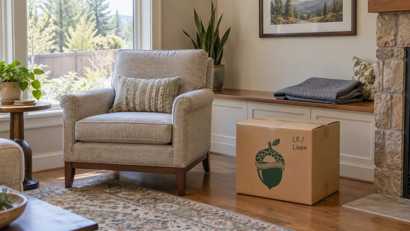 An unwrapped armchair placed in its receiving room beside a labeled carton
