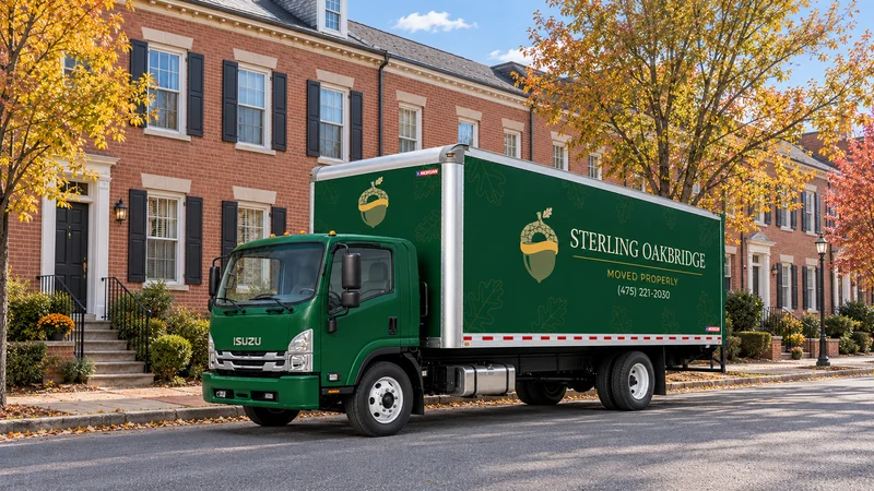 Review the vehicle position, frontage and carrying route before confirming pickup. A green Sterling Oakbridge truck beside representative Frederick residential frontages