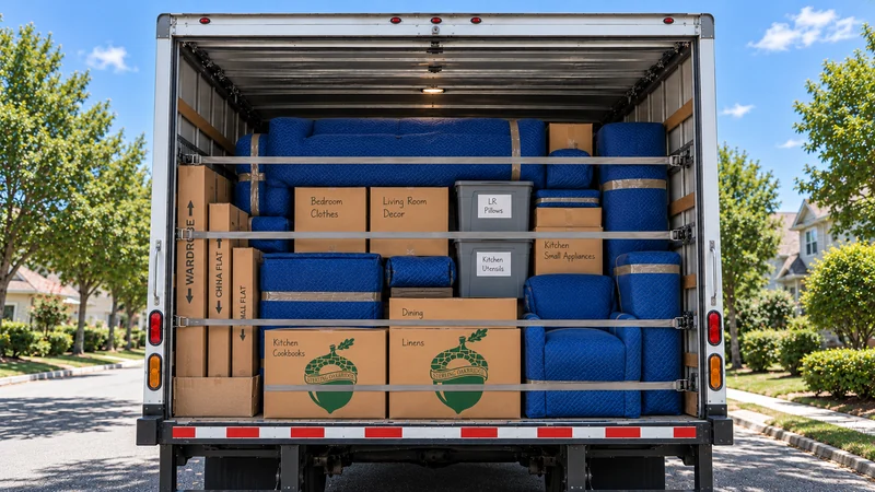 A substantial direct load combines protected furniture, identified cartons and restrained side materials. A dense mixed direct shipment with protected furniture, cartons, totes and secured side materials