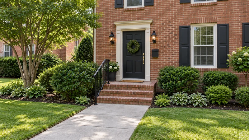 Review the full entrance, steps and landing before carrying furniture. A complete representative brick entrance with steps, landing and closed front door