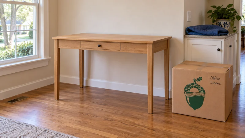 Confirm the unwrapped writing-desk position and keep the labelled carton and receiving passage accessible. An unwrapped writing desk placed beside an identified carton in a receiving room