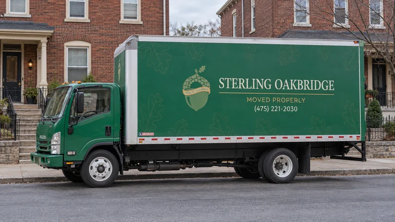 A green moving truck parallel to a representative Harrisburg residential curb A green moving truck parallel to a representative Harrisburg residential curb