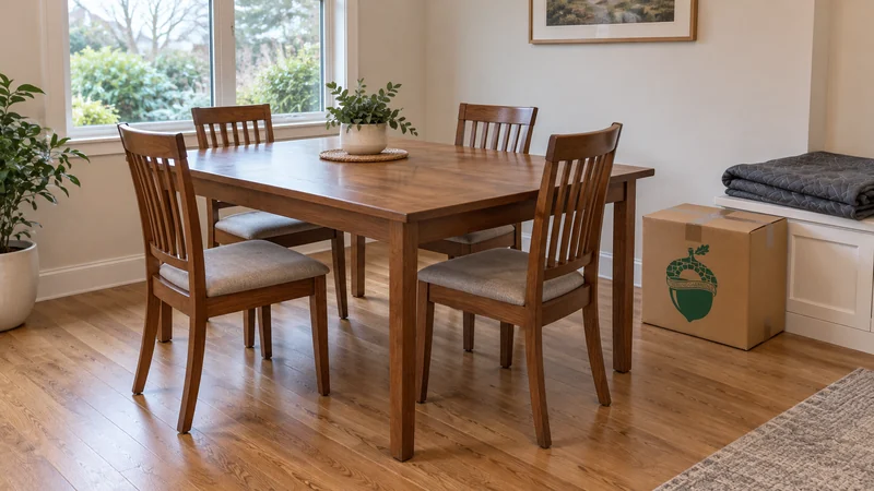 A fully unwrapped reassembled dining table in a receiving room A fully unwrapped reassembled dining table in a receiving room