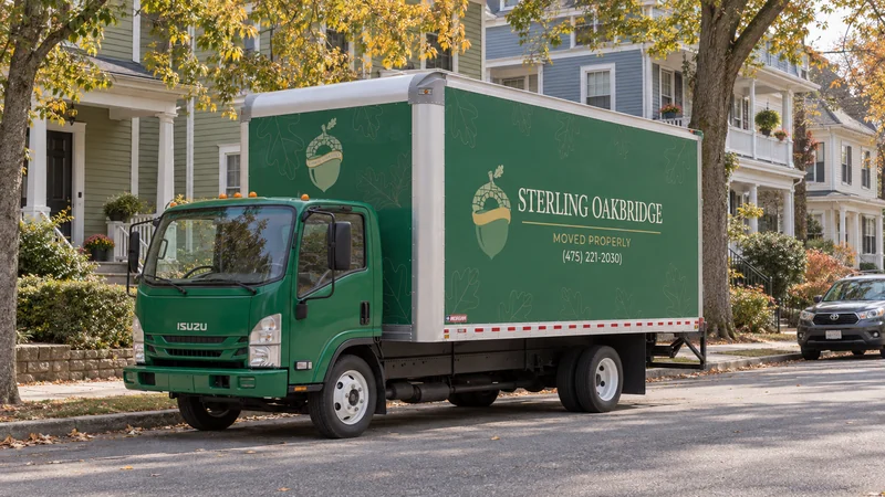 A green moving truck positioned parallel to the curb on a representative Hartford residential street A green moving truck positioned parallel to the curb on a representative Hartford residential street