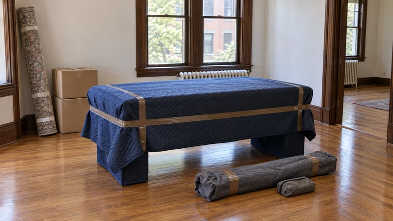 A protected table body beside the common bundle of its removed legs and associated hardware A protected table body beside the common bundle of its removed legs and associated hardware