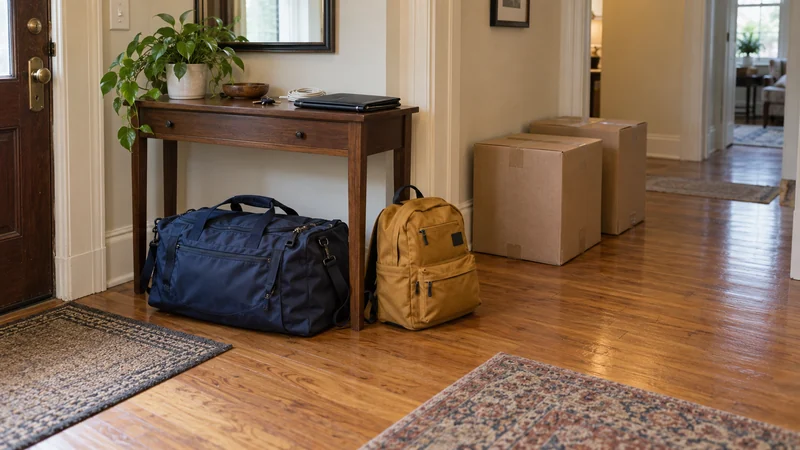 Household travel bags and a closed document folder kept separate from shipment cartons Household travel bags and a closed document folder kept separate from shipment cartons