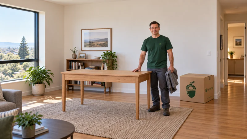A mover beside a fully unwrapped reassembled desk in a receiving room A mover beside a fully unwrapped reassembled desk in a receiving room