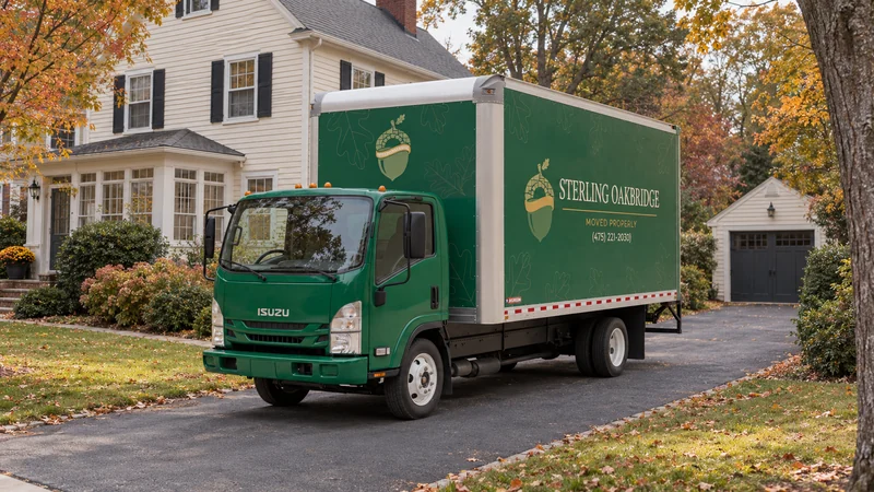 A green moving truck fully positioned on a representative New Haven private driveway A green moving truck fully positioned on a representative New Haven private driveway