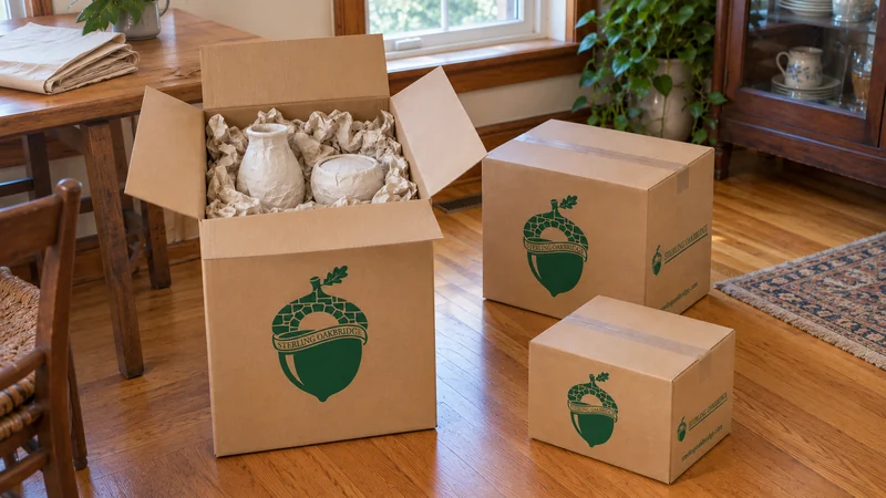 An open China carton with paper-protected fragile contents beside sealed Book and medium cartons An open China carton with paper-protected fragile contents beside sealed Book and medium cartons
