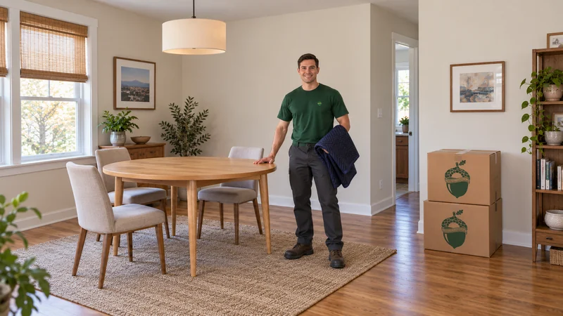 A mover beside a fully unwrapped reassembled dining table in a receiving room A mover beside a fully unwrapped reassembled dining table in a receiving room