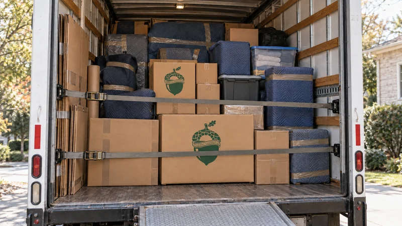 A substantial mixed direct load with protected furniture, varied cartons, totes and restrained side supplies