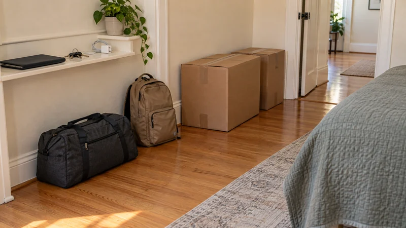 Travel bags and a closed laptop held outside shipment cartons