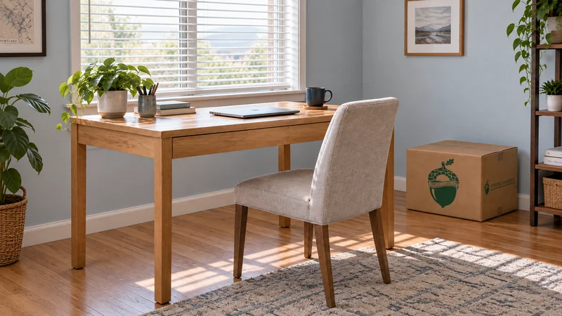 A fully unwrapped and reassembled writing desk at a hypothetical receiving home