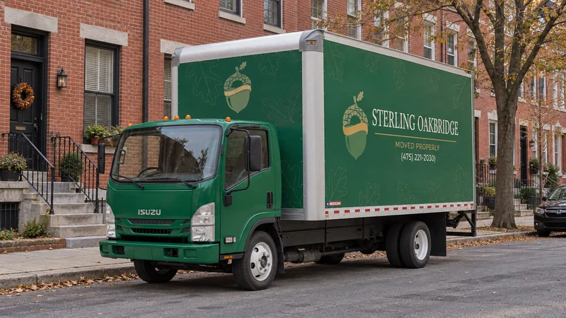 A green moving truck parallel to a representative Philadelphia rowhouse curb