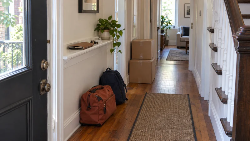 Household travel bags and a closed document folio kept apart from shipment cartons