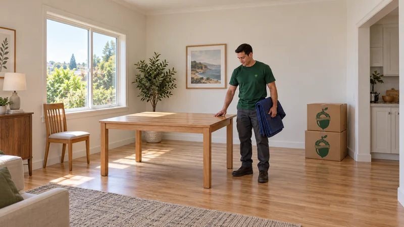A mover beside a fully unwrapped reassembled dining table in a receiving room