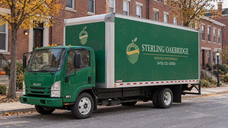 A green moving truck parallel to a representative Pittsburgh residential curb A green moving truck parallel to a representative Pittsburgh residential curb