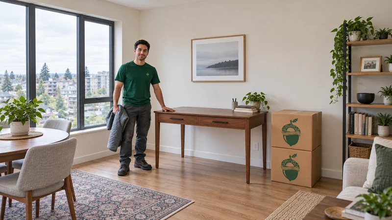 A mover beside a fully unwrapped reassembled desk in a receiving room A mover beside a fully unwrapped reassembled desk in a receiving room
