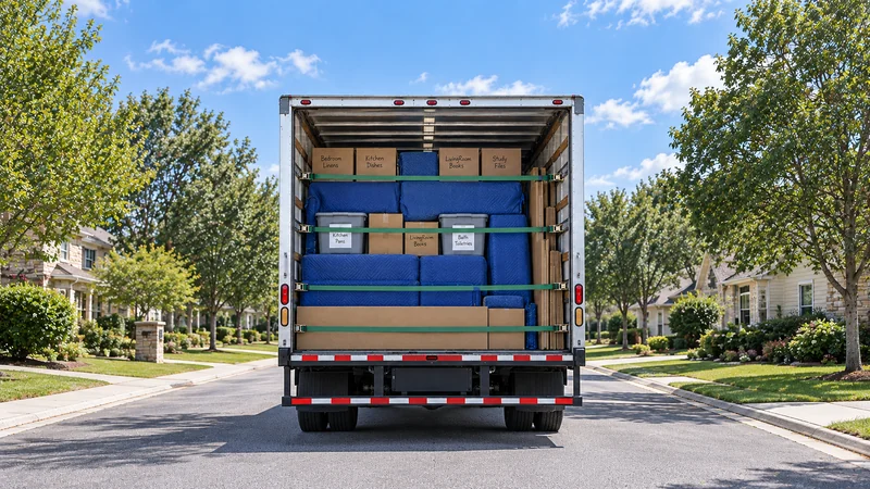 A prepared direct shipment combines protected furniture, identified containers and restrained side materials. A prepared direct shipment combines protected furniture, identified containers and restrained side materials.