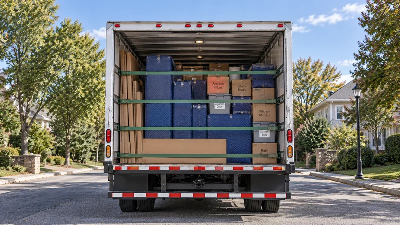 A prepared direct shipment forms a restrained mix of protected furniture, cartons, totes and side materials. A prepared direct shipment forms a restrained mix of protected furniture, cartons, totes and side materials.