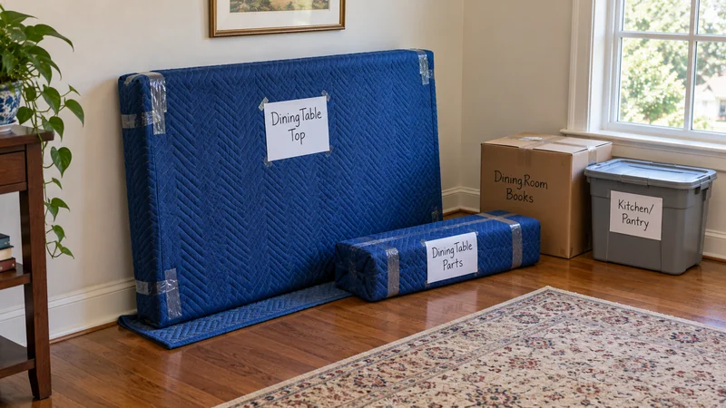 Identify the protected table body and its packed removable legs with the selected shipment. Identify the protected table body and its packed removable legs with the selected shipment.