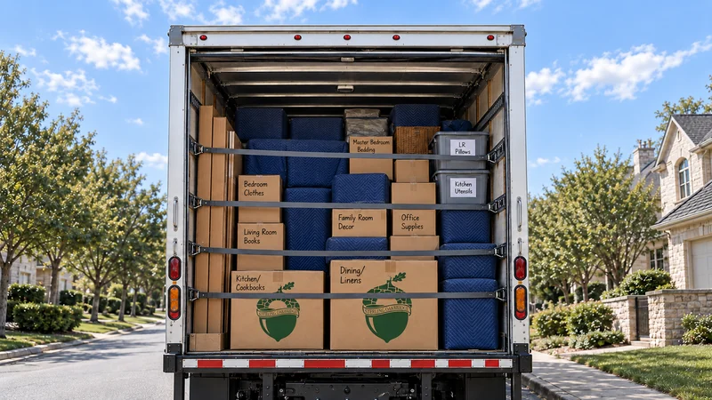 A dense mixed direct load with protected furniture, cartons, customer totes and secured side materials