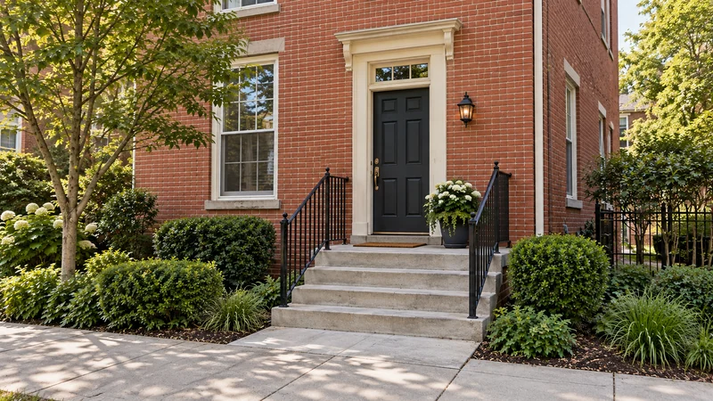 A complete representative townhouse porch entrance, steps and landing before carrying