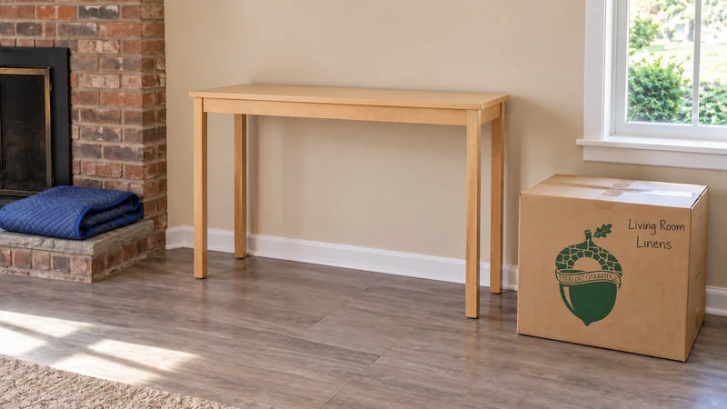 An unwrapped console table placed beside an identified carton in a receiving room