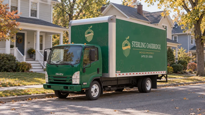 A green moving truck beside a representative Rochester porch-front home A green moving truck beside a representative Rochester porch-front home