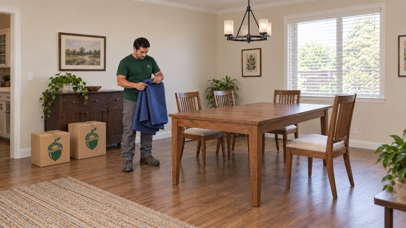 A mover folding removed protection beside a fully reassembled dining table in a receiving room A mover folding removed protection beside a fully reassembled dining table in a receiving room
