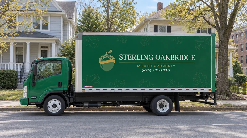 A green moving truck beside representative Scranton porch-front homes