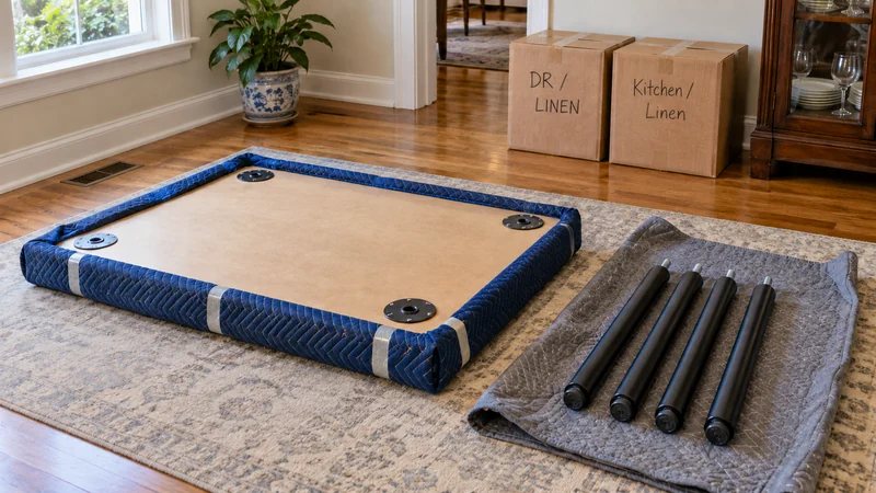 Protected upside-down table body with four removed legs grouped on one open blanket