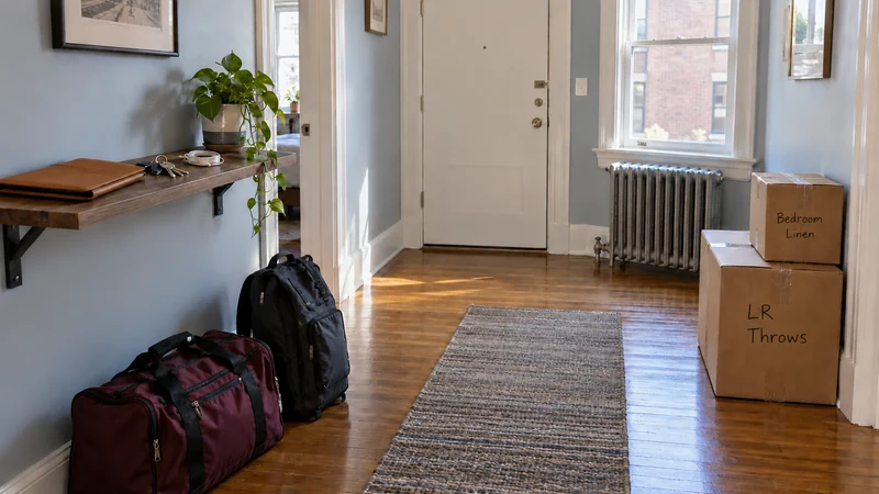 Personal travel bags and a closed folio beside the clear apartment route