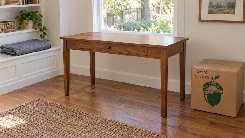 An unwrapped writing desk after completed basic reassembly and placement
