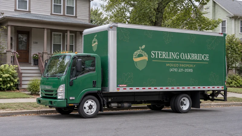 Review the truck position, porch approach and building route before confirming pickup. A green NPR moving truck beside representative Springfield residential frontage