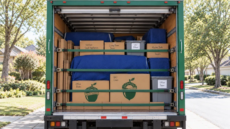 A substantial direct shipment combines protected furniture, identified cartons and secured side materials. A substantial mixed household shipment secured inside a green moving truck