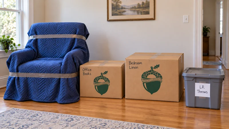 Identify the selected chair, cartons and tote and keep the pickup route clear. A small mixed shipment identified for consolidated pickup