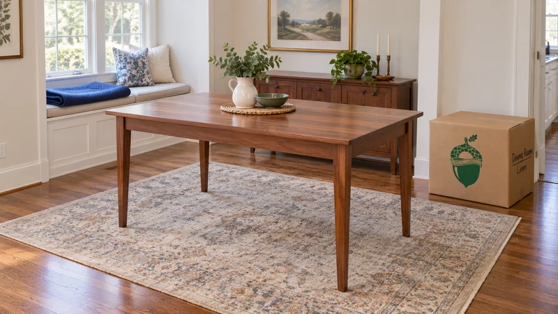 Confirm the unwrapped table position and keep the labelled carton and receiving route accessible. An unwrapped dining table positioned in an ordinary receiving room