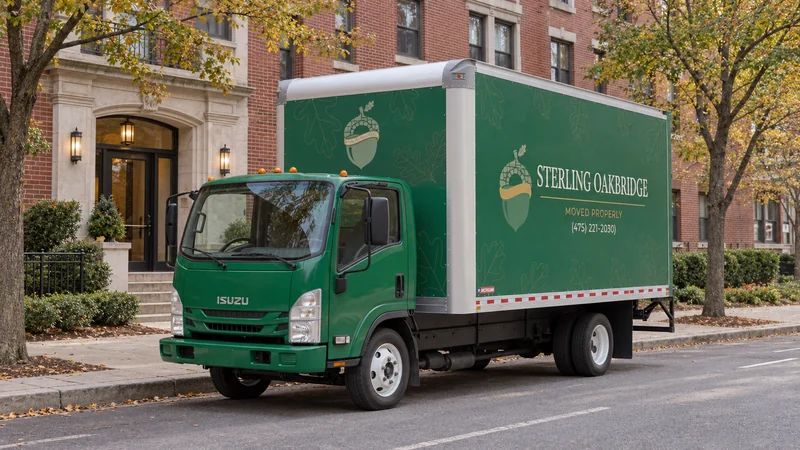A green moving truck parallel to a representative Stamford street curb A green moving truck parallel to a representative Stamford street curb