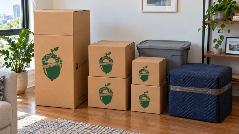A smaller consolidated pickup group with sealed cartons, a tote and protected furniture A smaller consolidated pickup group with sealed cartons, a tote and protected furniture