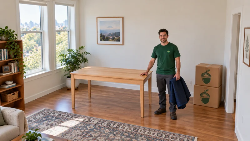 A mover beside a fully unwrapped reassembled desk in a receiving room A mover beside a fully unwrapped reassembled desk in a receiving room
