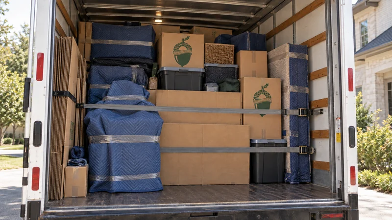 A dense mixed direct household load with protected furniture, cartons, customer totes and secured side materials A dense mixed direct household load with protected furniture, cartons, customer totes and secured side materials